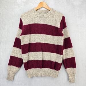 Vintage L.L. Bean Wool Knit Sweater Womens Medium Beige Burgundy 80s USA Stripe
